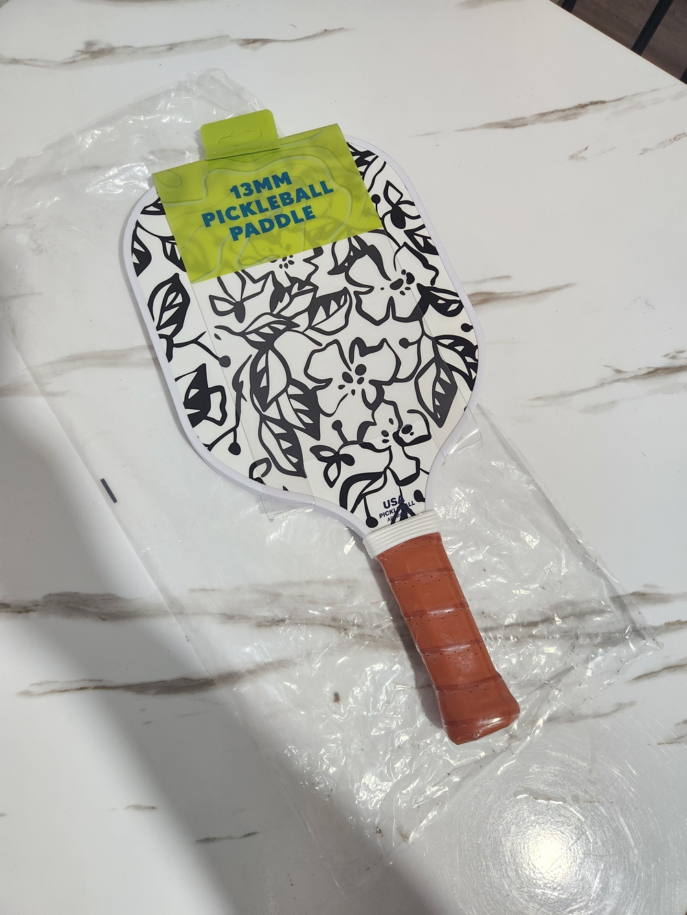 Target Pickleball Paddle - White & Black Floral with Brown Grip